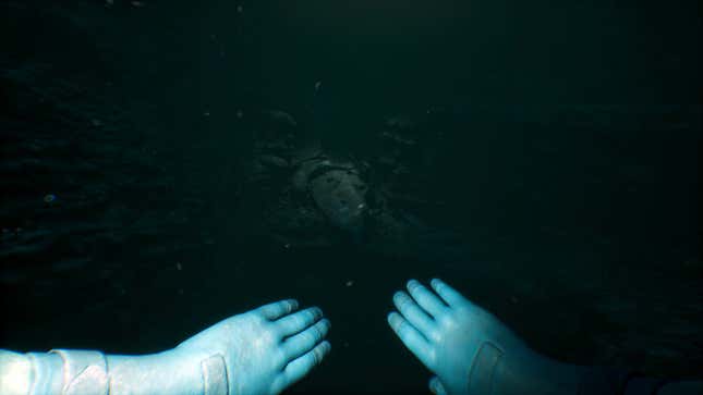 The protagonist swims toward a sunken helicopter.