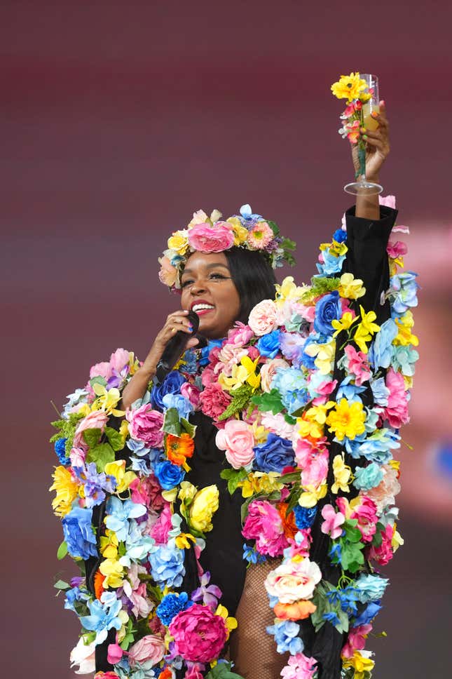 Janelle Monáe performs during the Glastonbury Festival in Worthy Farm, Somerset, England, Sunday, June 30, 2024.