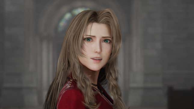 Aerith staring towards the camera with her hair down, FF7 Rebirth