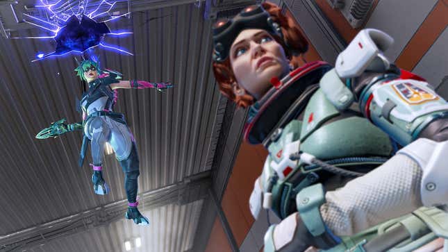 A screenshot of the character Alter looming over Horizon in a match of Apex Legends.