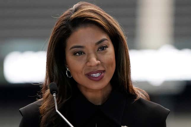 Sandra Douglass Morgan speaks during a news conference announcing her as the new president of the Las Vegas Raiders NFL football team Thursday, July 7, 2022, in Las Vegas.