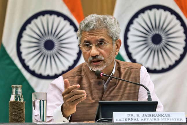 FILE- Indian Foreign Minister Subrahmanyam Jaishankar addresses a press conference in New Delhi, India, Tuesday, Sept. 17, 2019. Jaishankar said Friday, Jan. 5, 2024, his visit to neighboring Nepal was successful where an agreement was signed to import 10,000 megawatts of electricity and expressed commitment to strengthen bilateral relationship. (AP Photo/Manish Swarup, File)