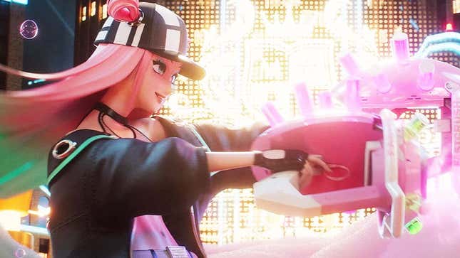 An image shows a character from Foamstars shooting pink foam. 