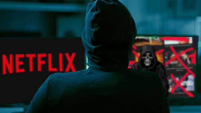 L’image montre un pirate informatique devant des émissions Netflix et le logo. 