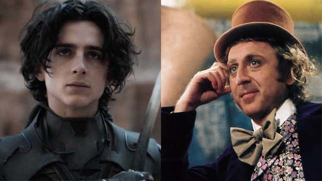 Timothée Chalament (left) as he appears in Dune, and the iconic Gene Wilder as Willy Wonka (right).