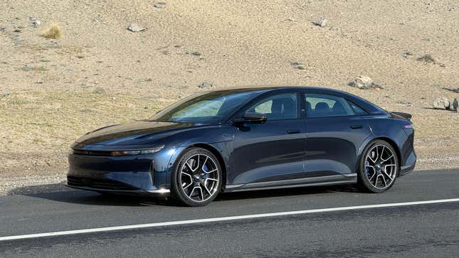 Front 3/4 view of a blue Lucid Air Sapphire