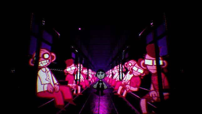 A pink glow shines off the skin of train car passengers who surround the game's main character in a dark train car while brandish creepy smiles.