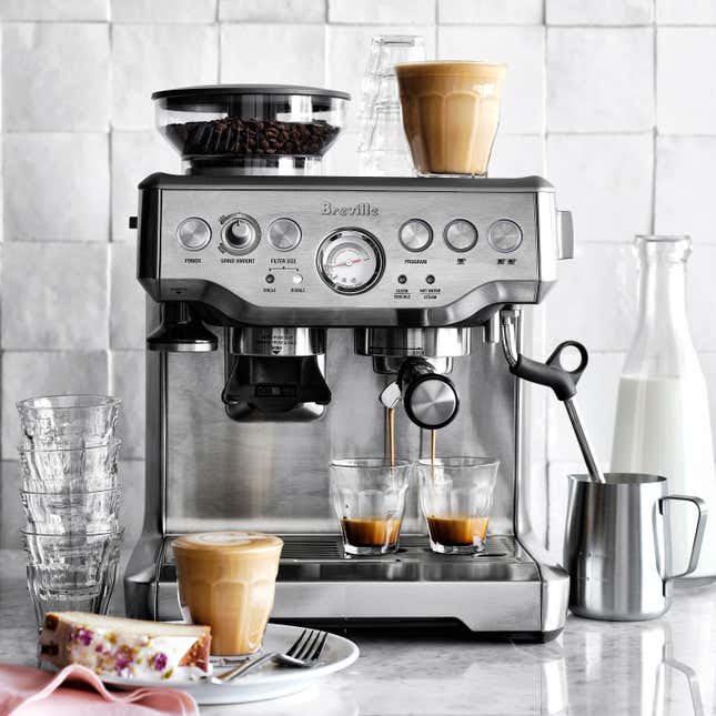 This image provided by Williams-Sonoma shows Breville&#39;s Barista Express Espresso Machine. For those who want to step up into pro brewing territory, sophisticated machines include Breville&#39;s Barista Express espresso machine. It has a 15-setting bean grinder, built-in tamper, bean storage compartment, extraction pump, multi-angled steam wand for milk frothing — even a water extractor so the grounds become a dry puck for disposal. (Williams-Sonoma via AP)
