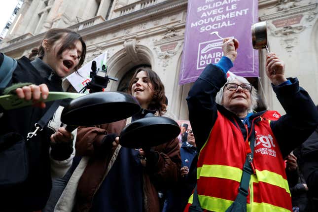 Protestors banged pots and pans during the speech, symbolically drowning out Macron.