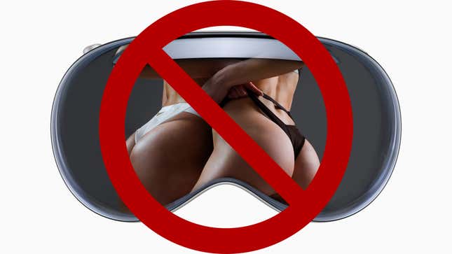 Two bodies wearing thongs are on the vision pro with a big "no" symbol over it. 