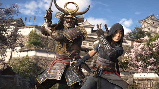 A screenshot of Yasuke and Naoe, the two protagonists of Assassin's Creed Shadows.