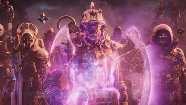 A screenshot of a Destiny 2: The Final Shape cinematic showing numerous guardians facing the camera. Front and center is a Titan used the new Void Super available to them.