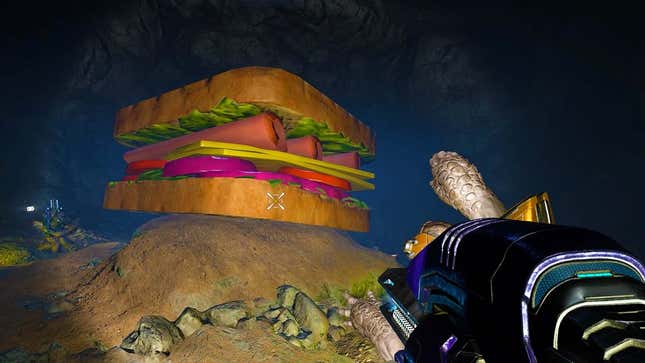 A screenshot of the big sandwich surrounded by grunts in a dark cave in the game. 