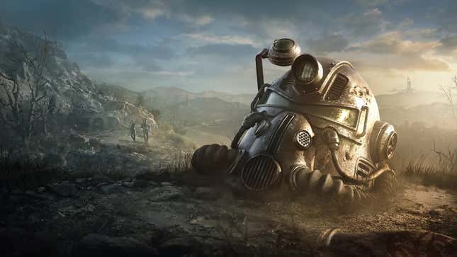 Artwork for Fallout 76 showing a cast-aside Power Armor helmet in the foreground, with two armed Vault Dwellers in the background.