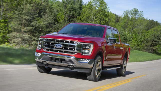 A photo of a red Ford F-150 pickup truck. 