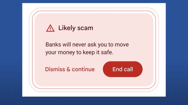 A screenshot showing what the phone app shows when there's a scam happening