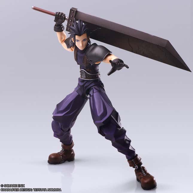 A photo shows a Final Fantasy VII character figure in action