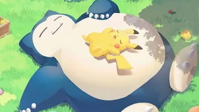 Pikachu sleeping on Snorlax's stomach.