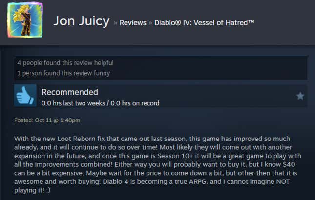 Image for article titled Diablo 4: Vessel Of Hatred, As Told By Steam Reviews