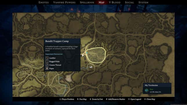 A map screen is shown, with a Bandit Trapper Camp location highlighted.