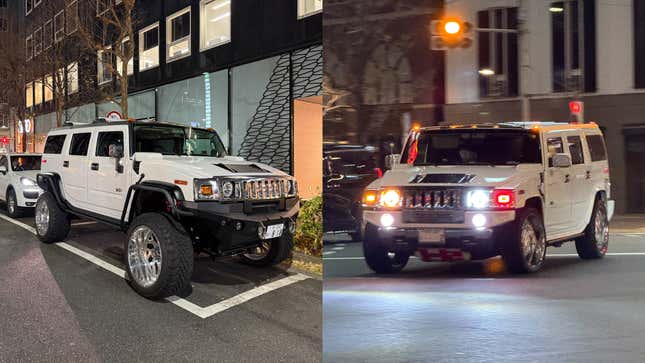 Collage of two white Hummer H2s in Japan