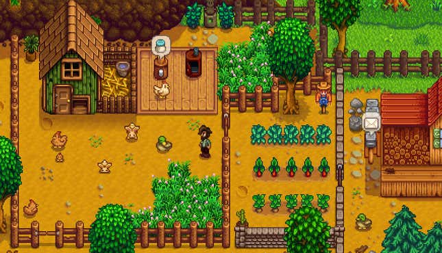  A screenshot of a player on their farm in Stardew Valley.