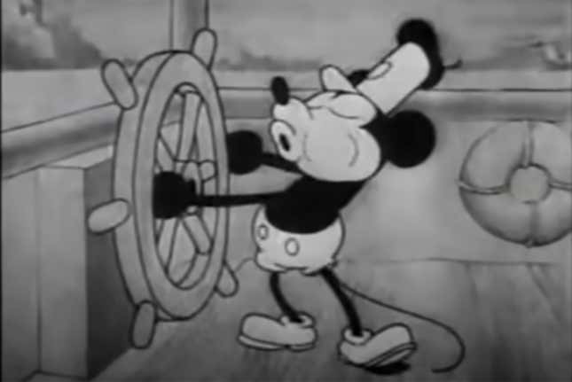 This still image from video provided by Disney shows the character Mickey Mouse in the 1928 animated short &quot;Steamboat Willie.&quot; On Monday, Jan. 1, 2024, the iconic character from “Steamboat Willie” entered the public domain after the expiration of the 95-year copyright, and is already the focus of two horror films. (Disney via AP)