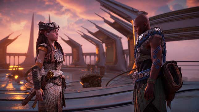 Aloy and Sylens speak about the new threat facing the world at the end of Horizon Forbidden West.