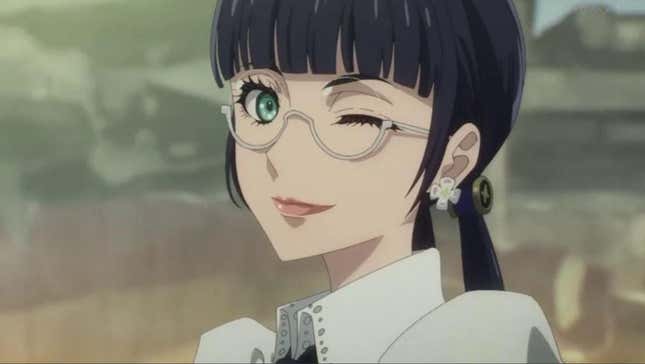 A girl with glasses and black pigtails winks at the camera