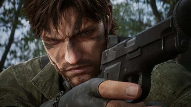 The protagonist of MGS 3 is seen in close-up, aiming a pistol.