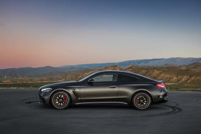 Side view of a matte black Mercedes-AMG CLE53 coupe