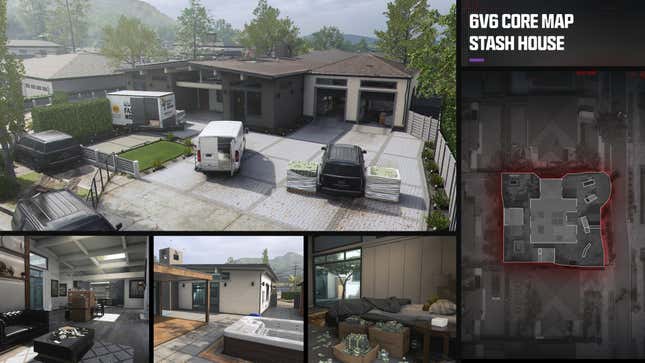 A graphic image shows various angles from Call of Duty's new map "Stash House."