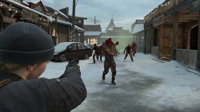 Abby points a gun at incoming Infected.