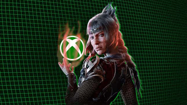 Baldur's Gate 3's Half-Elf Cleric Shadowheart holds up a flaming Xbox logo against a green wireframe background.