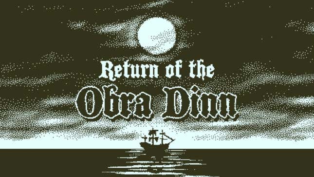 Promotional art for Return of the Obra Dinn, showing off the monochromatic style of the game.