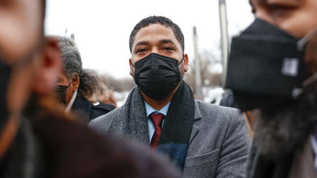 Jussie Smollett arrives at the Leighton Criminal Court Building for his trial on disorderly conduct charges on December 6 2021 in Chicago, Illinois.