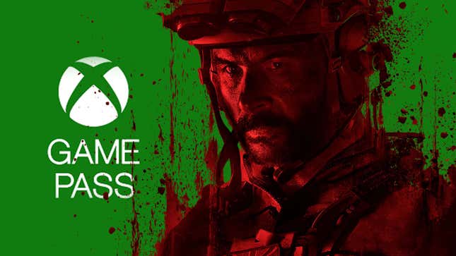 Sebuah gambar menunjukkan karakter Call of Duty di depan logo Xbox Game Pass. 