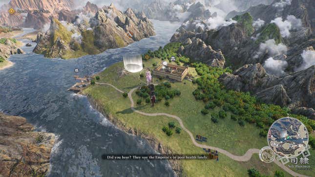 A screenshot of Dynasty Warriors: Origins. The main character is on the world map, where he towers over the small mountains and cities around him. A girl with a quest marker on her head and a conspicuous white circle are seen in front of him.