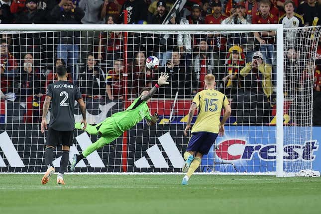 Nov 6, 2023; Sandy, Utah, USA; Houston Dynamo goalkeeper Steve Clark (12) allows a goal scored by Real Salt Lake forward Jefferson Savarino (10) during the second half  at America First Field.