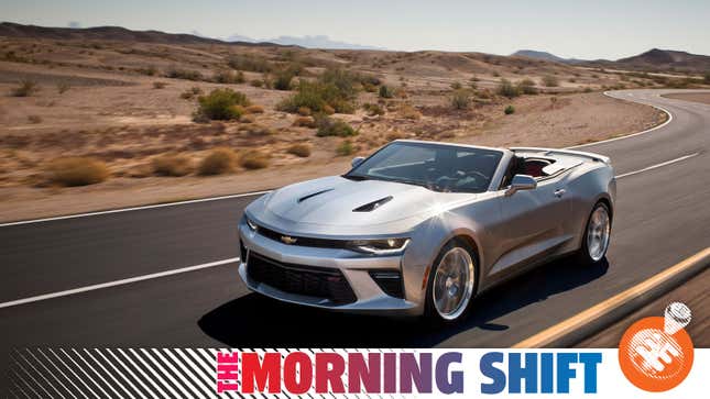 A photo of a Chevrolet Camaro convertible with The Morning Shift graphic on the bottom. 