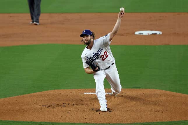 Oct 7, 2023; Los Angeles, California, USA; Los Angeles Dodgers starting pitcher Clayton Kershaw (22) throws a pitch against the Arizona Diamondbacks during the first inning for game one of the NLDS for the 2023 MLB playoffs at Dodger Stadium.