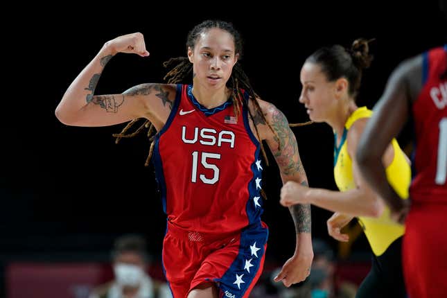 United States’s Brittney Griner (15) flexes her muscle after making a basket during a women’s basketball quarterfinal round game against Australia at the 2020 Summer Olympics, Wednesday, Aug. 4, 2021, in Saitama, Japan. The United States was finally granted consular access up to Griner on Tuesday.