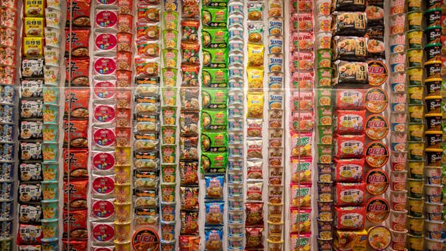 Display of instant noodles packaging at the Instant Noodles History Cube at the CupNoodles Museum
