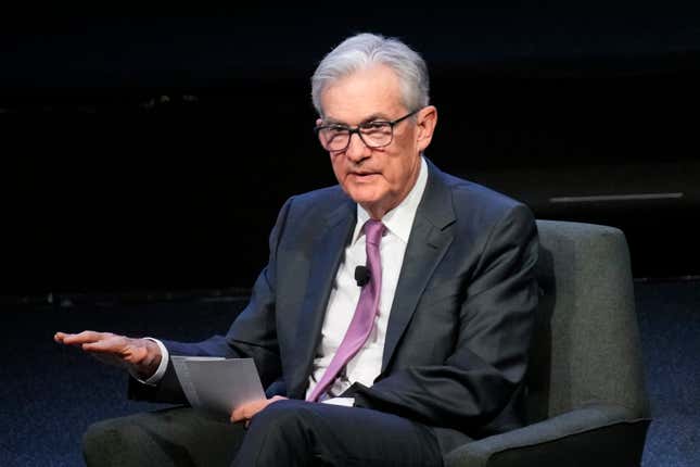 FILE - Federal Reserve Chairman Jerome Powell speaks at a meeting of the Economic Club of New York, Oct. 19, 2023, in New York. The Federal Reserve is expected to leave interest rates alone when its latest meeting ends Wednesday. But economists will be listening closely to what Chair Jerome Powell says about the possible future path for rates.(AP Photo/Seth Wenig, file)