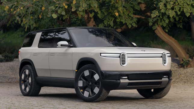 Front 3/4 view of a white Rivian R2