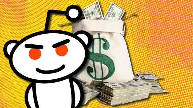 Reddit's little mascot stands in front of a bag, and a couple stacks, of money.