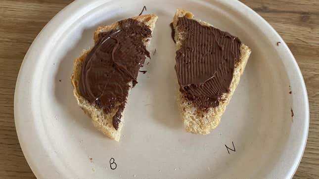 Bonne Maman, left, was a little drippier than Nutella, right.