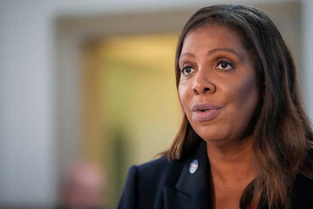 FILE - New York attorney general Letitia James speaks to reporters as she returns to the courtroom after a lunch break in former President Donald Trump&#39;s civil business fraud trial, Wednesday, Oct. 4, 2023, in New York. An accountant who prepared Donald Trump’s financial statements has finished his testimony after four days on the witness stand in the New York civil trial examining whether the former president exaggerated his wealth. Trump himself didn’t attend the proceedings Thursday. (AP Photo/Mary Altaffer, File)