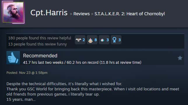 A screenshot shows a Steam user review for Stalker 2.