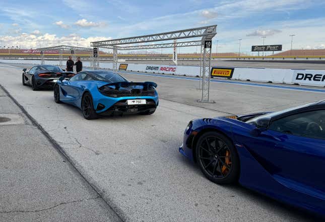 A lineup of McLaren 750S Coupes on a race track